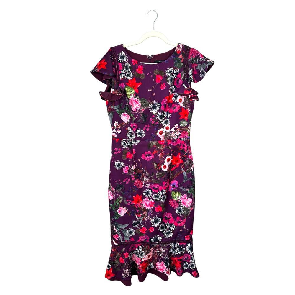 DAVID MEISTER Purple Floral Print Flutter Sleeve Sheath Dress Size 10